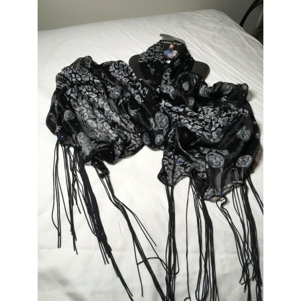 Black Floral Mash-up Brand New Designer Women's Scarf with Tassels